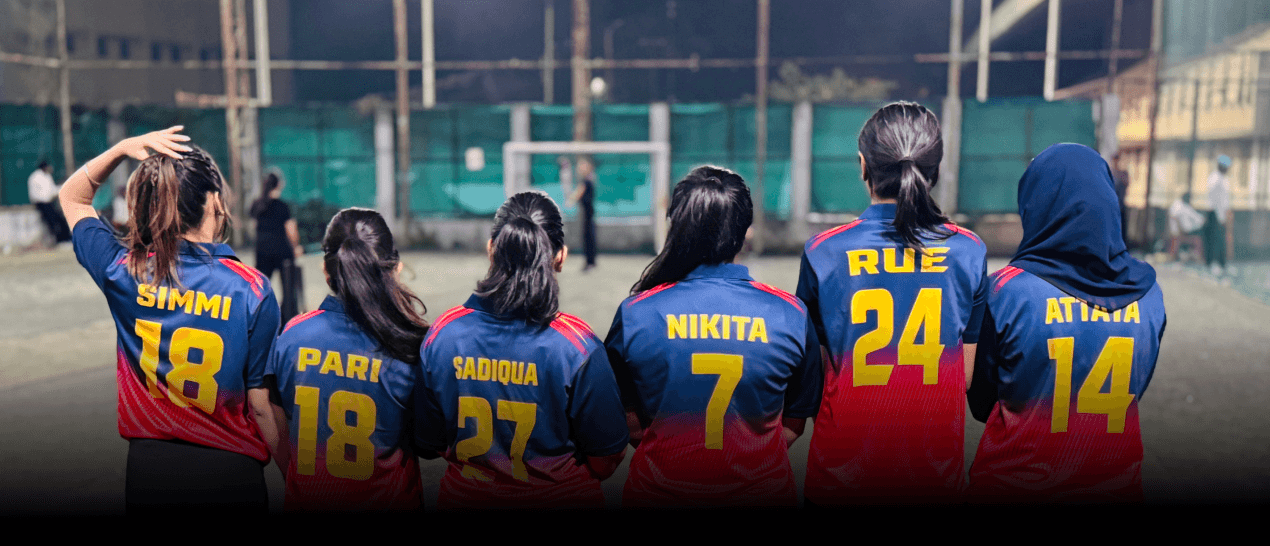 AM Infoweb AMI Exceed Premier League showing employees in team jerseys competing and celebrating at a sports event.