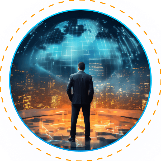 AM Infoweb visual of a business leader facing a digital global network, representing scalable operations and future-ready growth.