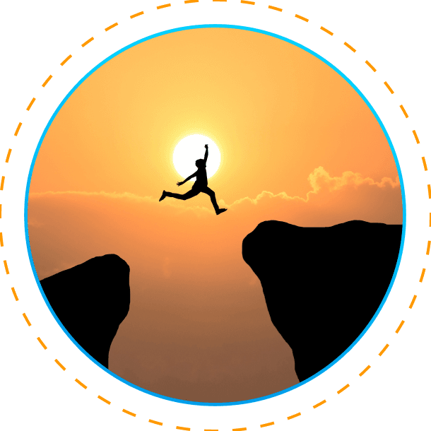 AM Infoweb visual of a person leaping across a gap, representing bold progress, transformation, and business growth.